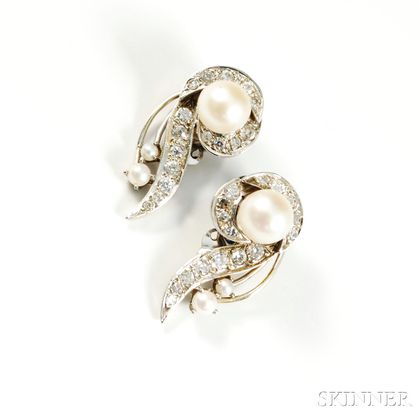 14kt White Gold, Diamond, and Cultured Pearl Earclips