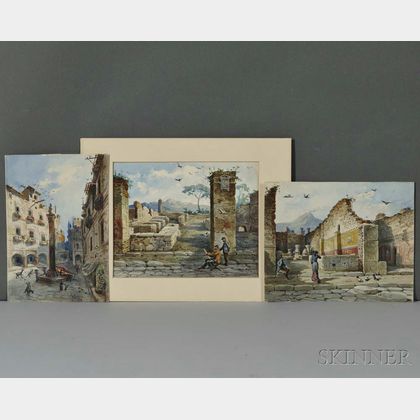 Augusto Burchi (Italian, 1853-1919) Three Watercolor Italian Scenes: Pompei-antica Panatteria , Pompei-antica Taverna