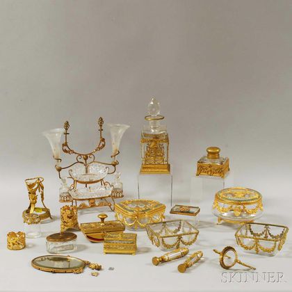 Fourteen Gilt-metal Mounted Glass Desk Items. Estimate $200-400