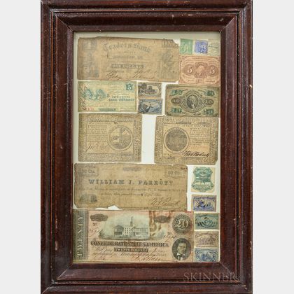 Framed Group of Bank Notes and Stamps
