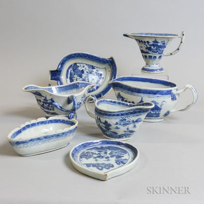 Five Canton Porcelain Sauceboats and Two Leaf Dishes