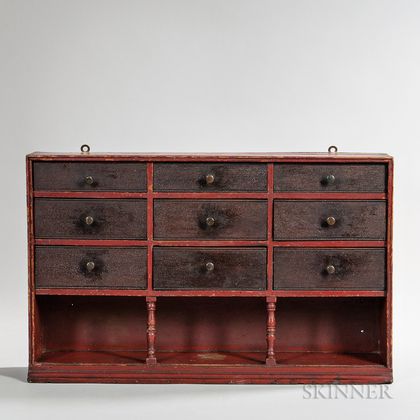 Red- and Brown-painted Compartmented Wall Shelf with Nine Drawers