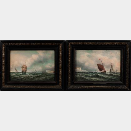 American/European School, 19th Century Two Maritime Paintings of Ships by the Coast. White Sails