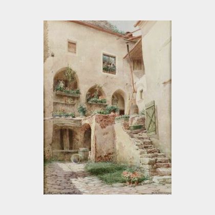 Lot of Two Watercolors Including: Richard Moser (Austrian, b. 1874),The Courtyard;