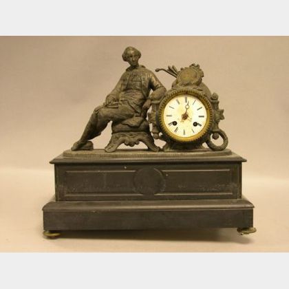 French Patinated Cast Metal Figural and Black Marble Mantel Clock