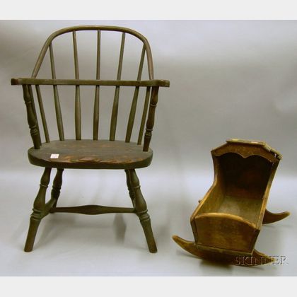Wooden Hooded Doll Cradle and a Childs Windsor Sack-back Armchair. 
