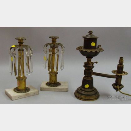 E. Morton & Co. Gilt and Part-ebonized Bronze Argon Table Lamp and a Pair of Gilt-metal and Marble-base Girando... 