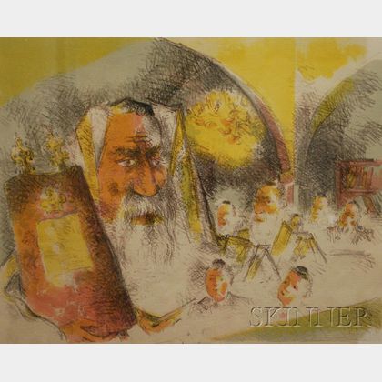 Lot of Two Color Lithographs by Chaim Gross (American, 1904 - 1991) In the Synagogue