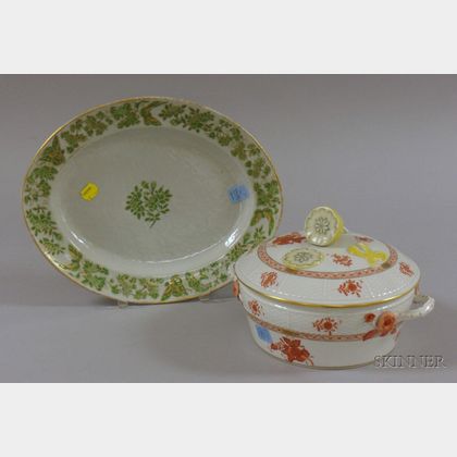 Covered Porcelain Serving Dish and Green Oval Export Tray. Estimate $100-110