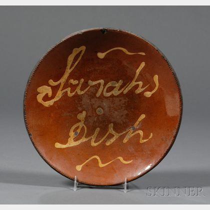 Redware Plate with "Sarah's Dish" Yellow Slip Decoration