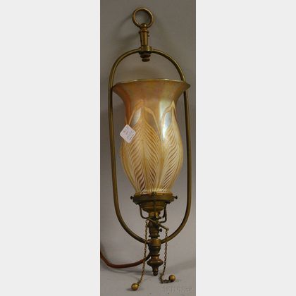Quezal Iridescent Pulled Feather Art Glass Shade with a Brass Hanging Fixture