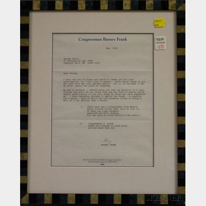 Framed 2002 U.S. Congressman Barney Frank Typed and Signed Campaign Letter and Limerick