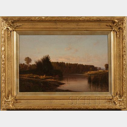 Hudson River School, 19th Century The River with Gentleman Fishing.