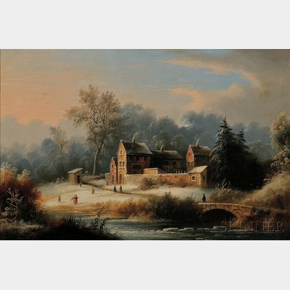 Edmund C. Coates (American, 1816-1871) Winter Landscape with Figures, Brick Cottages, and an Arched Bridge
