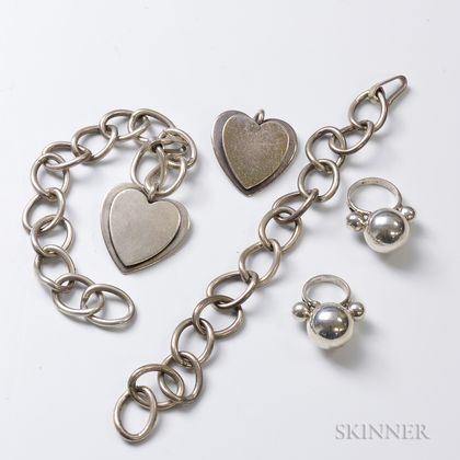 Two Sterling Silver Link Bracelets with Double-heart Pendants and Two Sterling Silver Spherical Rings