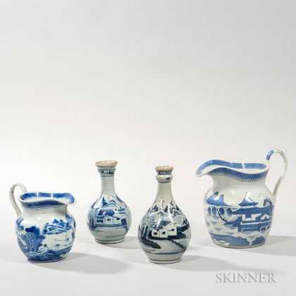 Two Canton Export Porcelain Pitcher and Two Bottles