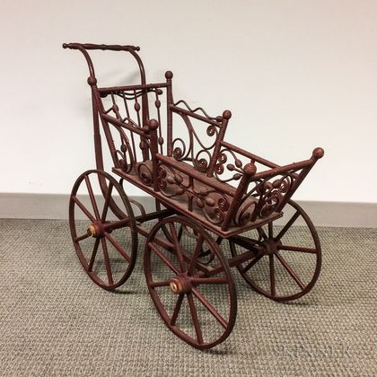 Red-painted Rattan Doll Carriage
