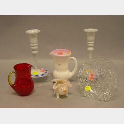 Pair of Pairpoint Enamel Floral Decorated Glass Candlesticks, a Colorless Pressed Glass Deming Plate, a Peachblow Glass Pitcher, and Pi