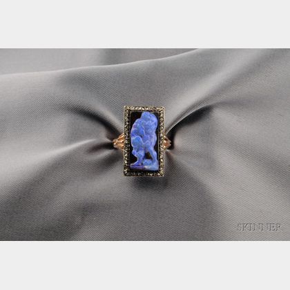 Antique Black Opal Cameo and Diamond Ring