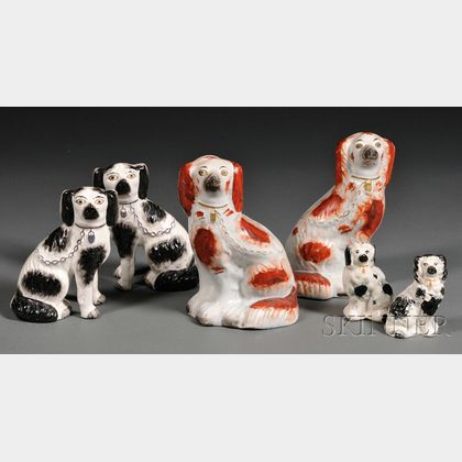 Six Victorian Staffordshire Pottery Spaniels