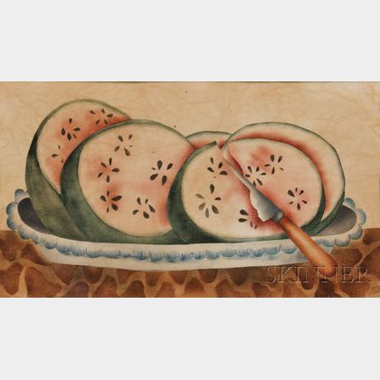 Linda Carter Lefko (New York State, 20th/21st Century) Theorem with Watermelon Slices on a Blue Feather-rimmed Platter.