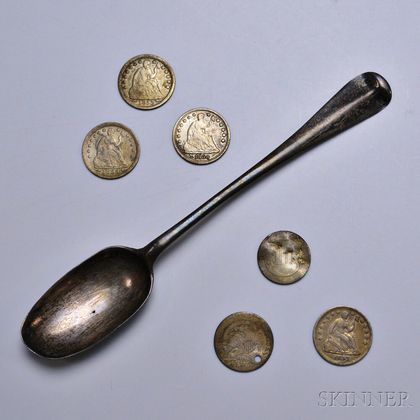 Five U.S. Half-dimes, a Trime, and a Coin Silver Spoon