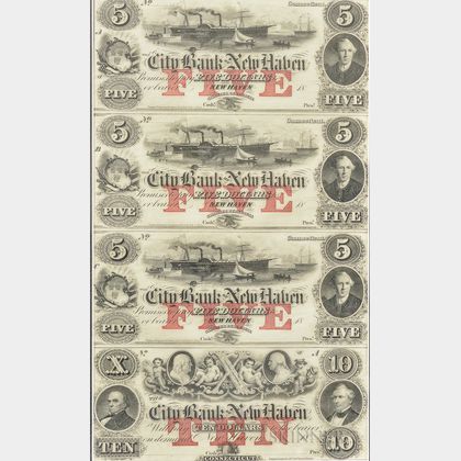 Framed Uncut Sheet of Four City Bank of New Haven $5 Remainder Notes. Estimate $200-300