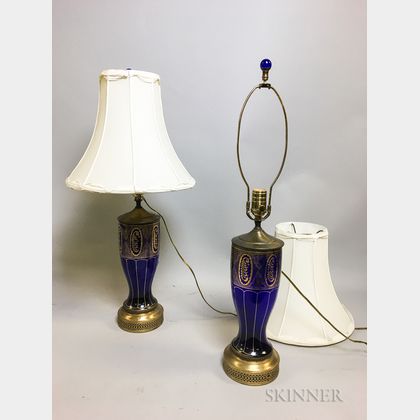 Pair of Gilded Cobalt Glass Table Lamps