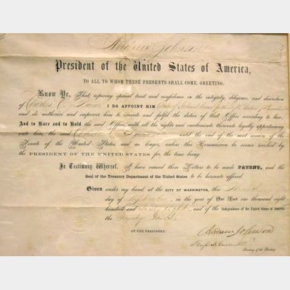 Johnson, Andrew, Document Signed, September 3, 1868, IRS Appointment