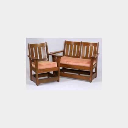 Limbert Oak Settee and Chair