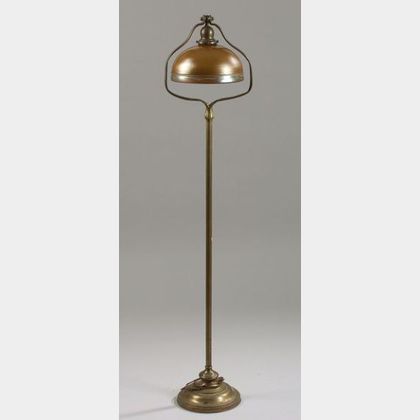 Brown Aurene Glass Shade on a Brass Bridge Lamp Base