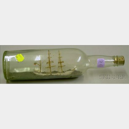 Folk Painted Wooden Sailing Ship in a Bottle