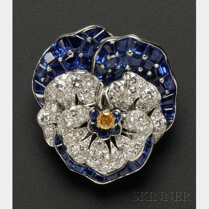 Sapphire, Diamond, and Colored Diamond Pansy Clip Brooch, Oscar Heyman
