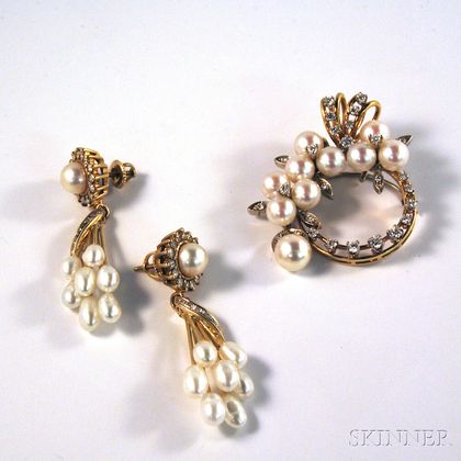 Assembled 14kt Gold, Pearl, and Diamond Suite