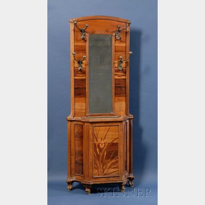 Galle Art Nouveau Fruitwood Marquetry-inlaid and Bronze-mounted Hall Tree