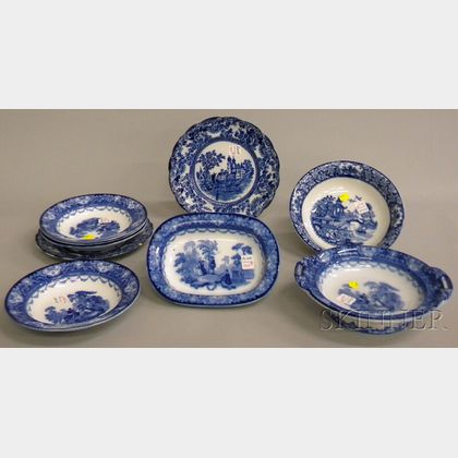 Nine Pieces of English Blue and White Transfer-decorated Tableware