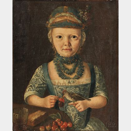 German School, 18th/19th Century Interior Half-length Portrait of a Young Girl Feeding Cherries to a Bird