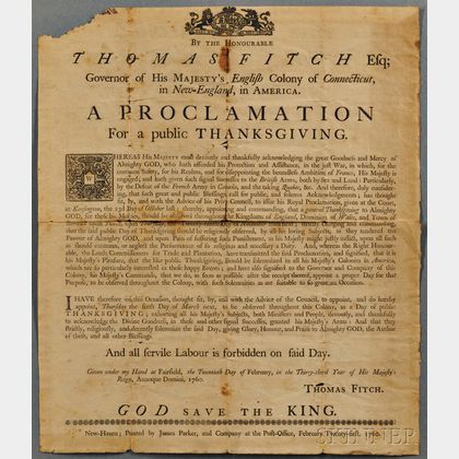 Fitch, Thomas (1700-1774) Proclamation for a Public Thanksgiving.