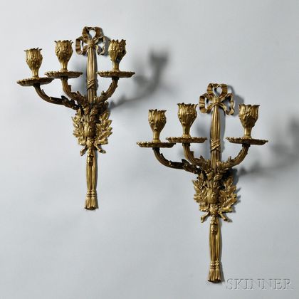 Pair of Art Nouveau-style Three-light Bronze Sconces