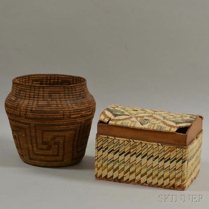 Large Micmac Quilled Box, Birch Bark Basket, and a Pima Basket