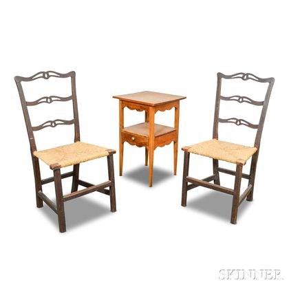 Pair of Chippendale Maple Ribbon-back Side Chairs and Maple Chamberstand. Estimate $100-150