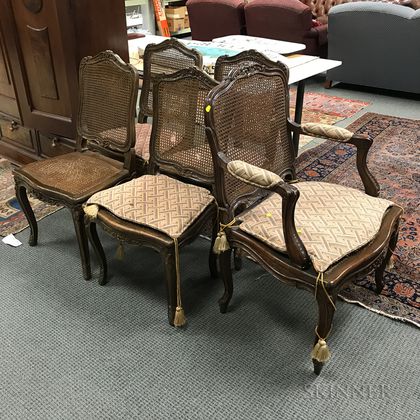 Five Louis XV-style Caned and Carved Walnut Chairs