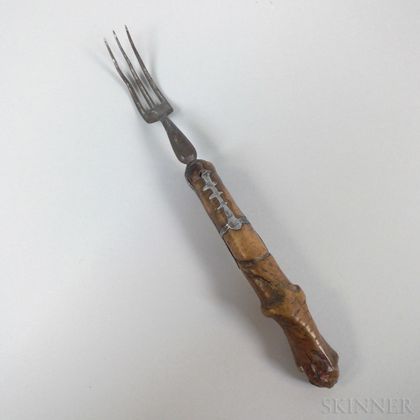 Early Continental Carved Wood and Steel Fork