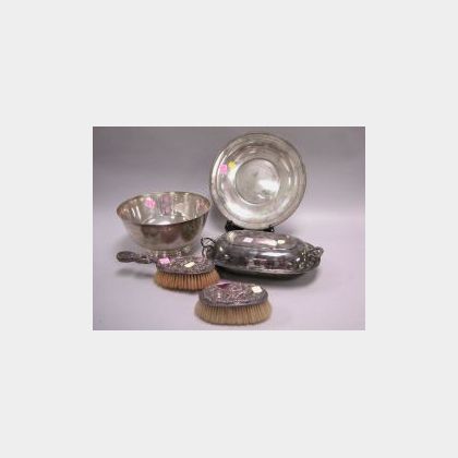 Sterling Silver and Silver Plated Revere-style Bowl, Salver, Covered Serving Dish and Vanity Brushes. 