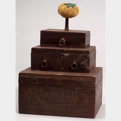 Three-Tier Grain Painted Gilt Stenciled Sewing Box