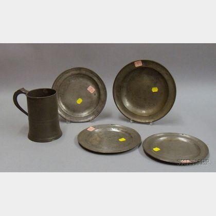 Pewter Imperial Quart Measure and Four Assorted Plates