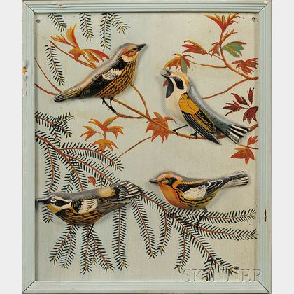 Polychrome Painted Plaque with Warblers