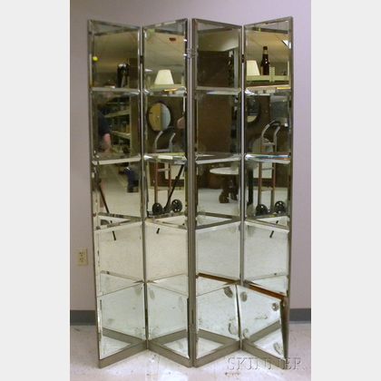 Art Deco Beveled Mirrored Glass Panel and Painted Wooden Folding Floor Screen