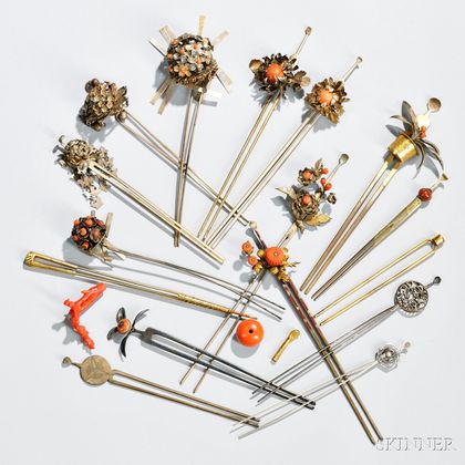 Sixteen Assorted Metal Two-prong Kanzashi Hairpins