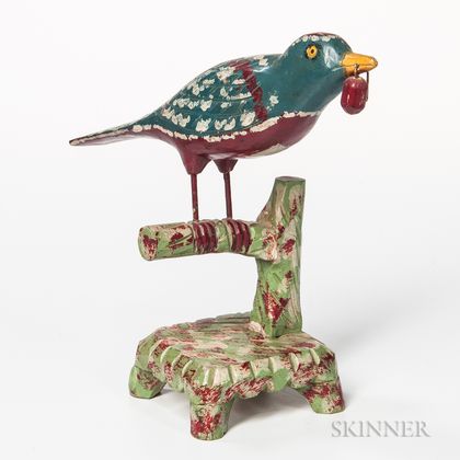 Polychrome Painted Bird on a Branch Carving
